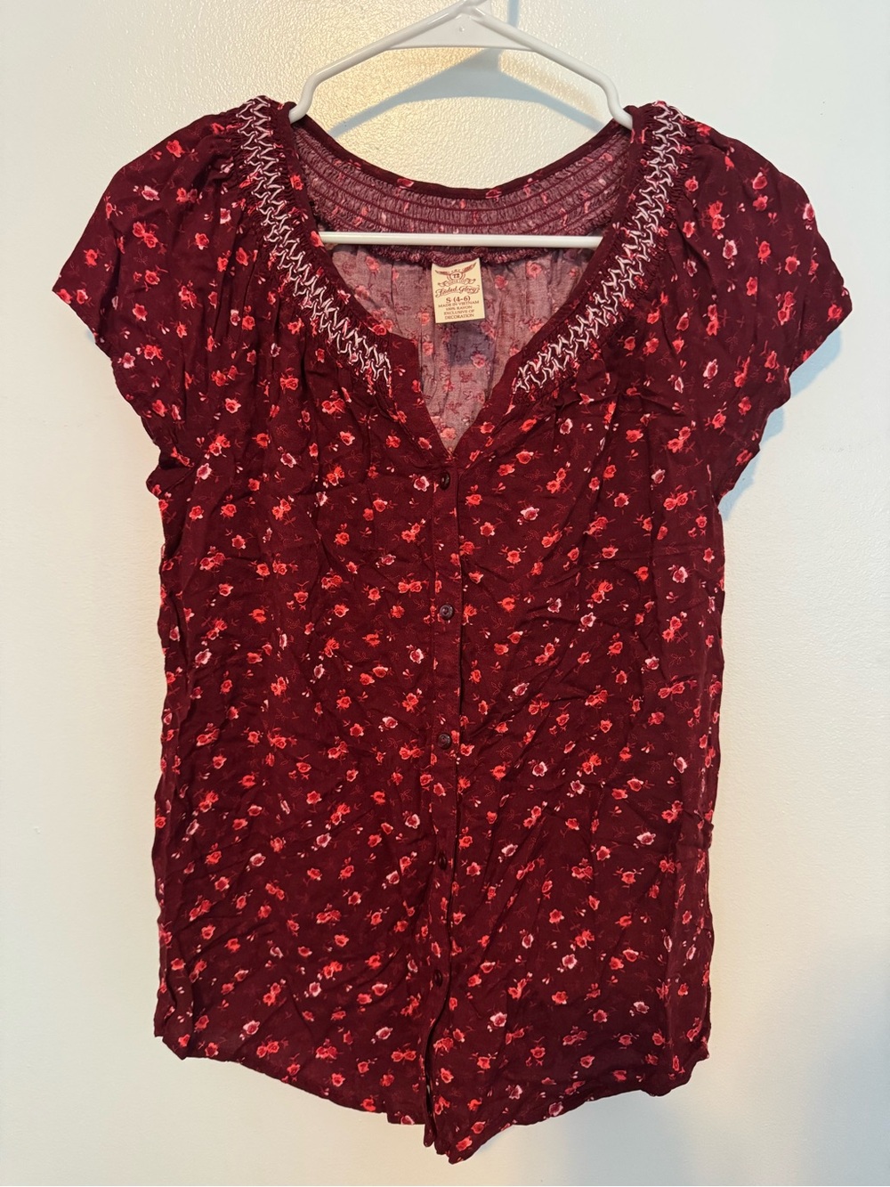 Faded Glory Deep Burgundy Floral Button-Front Blouse size S